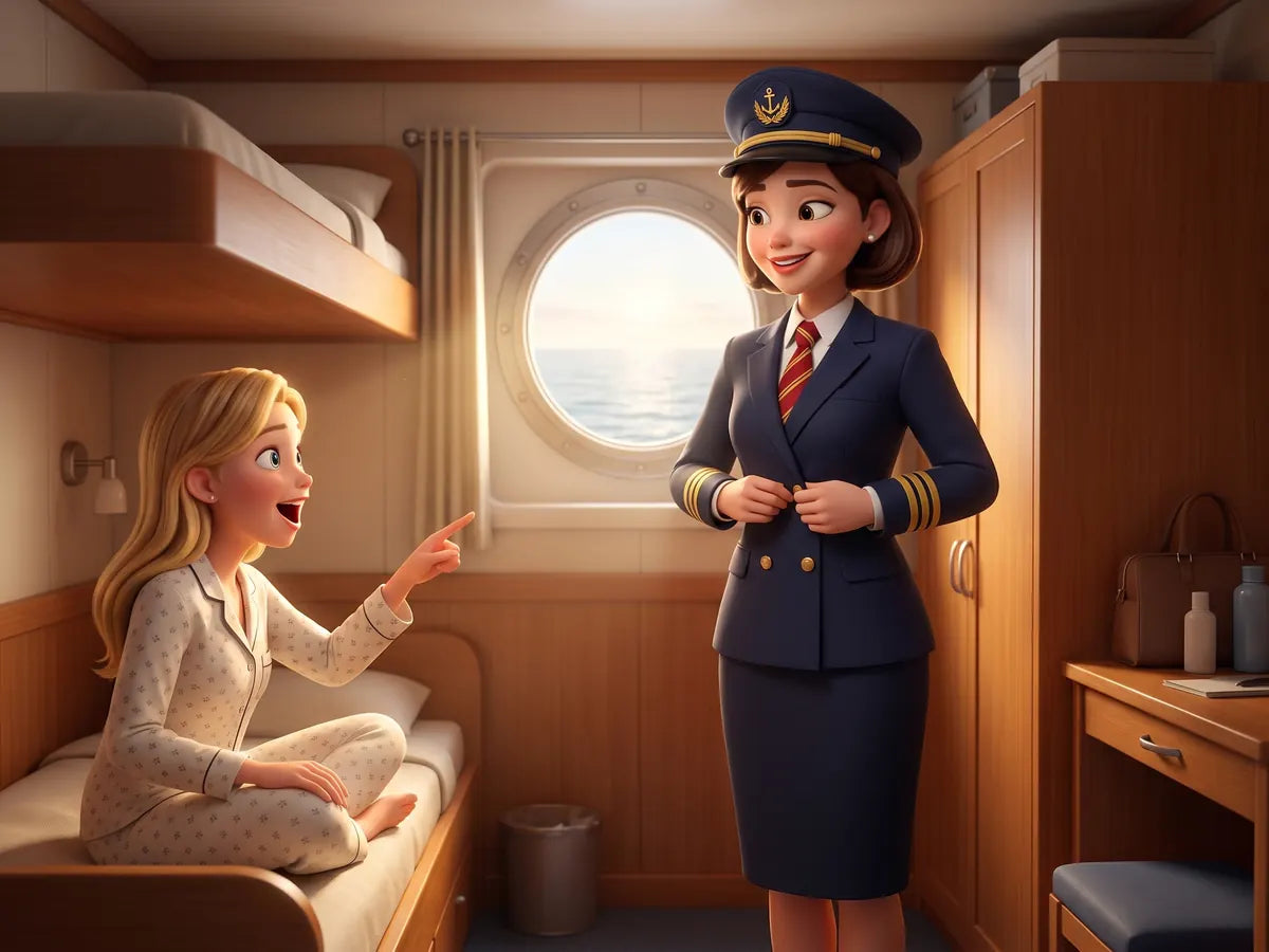 The roommate sitting up in her bunk and pointing in amazement while the officer buttons her neatly fitting jacket