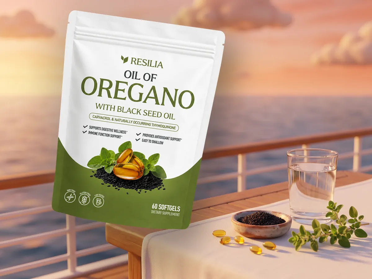 Resilia Oil of Oregano with Black Seed Oil pouch over a sunlit cruise deck table with oregano, black seeds and softgels