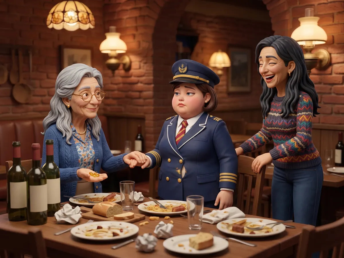 The grey-haired woman holding the officer's hand and showing two golden softgels in her palm while the blonde woman pulls out a chair