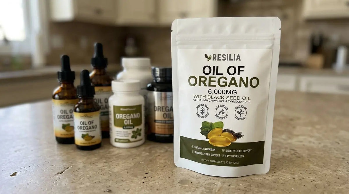 A lineup of generic oil of oregano bottles on a kitchen counter, with one Resilia pouch standing apart