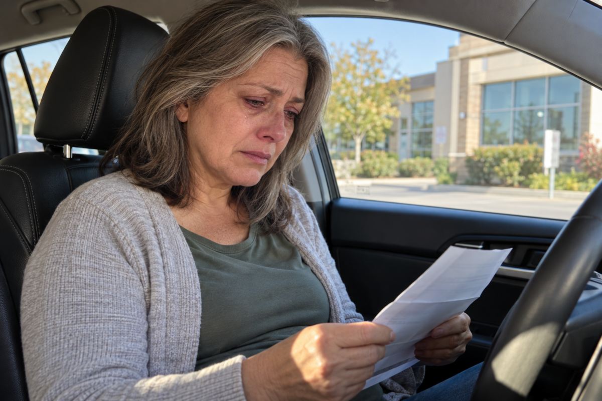 Woman crying in her car while reading her blood test results