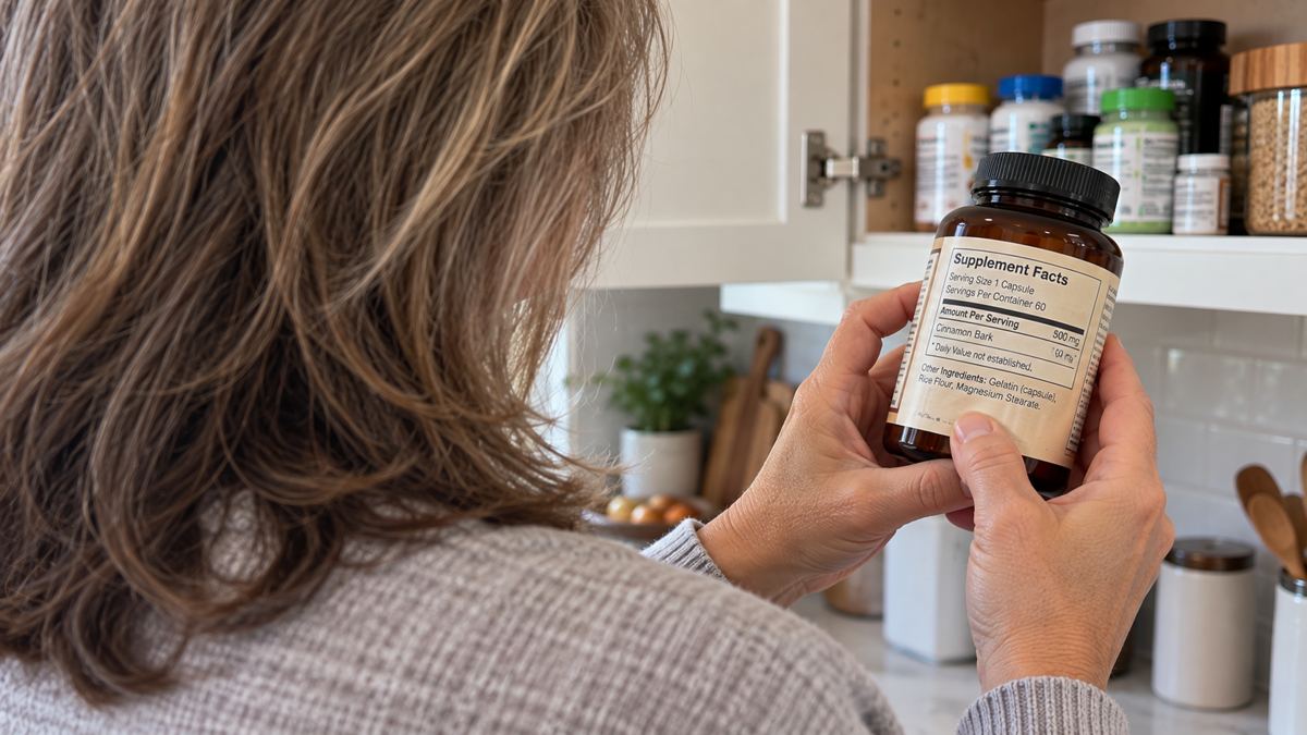 Woman reading the supplement facts label on her old cinnamon bottle