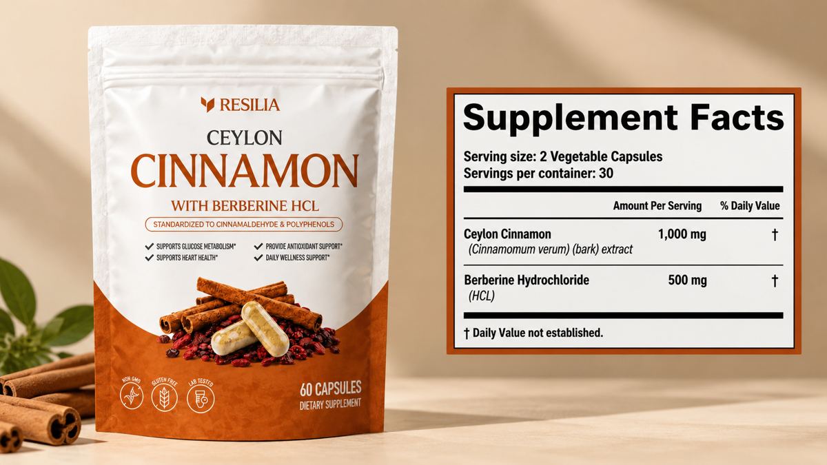 Resilia Ceylon Cinnamon with Berberine HCL pouch and Supplement Facts label