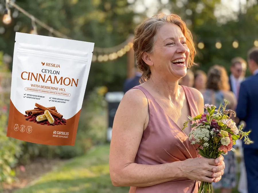 At the wedding, Jen laughs in her bridesmaid dress holding a bouquet; the Resilia Ceylon Cinnamon pouch floats beside her