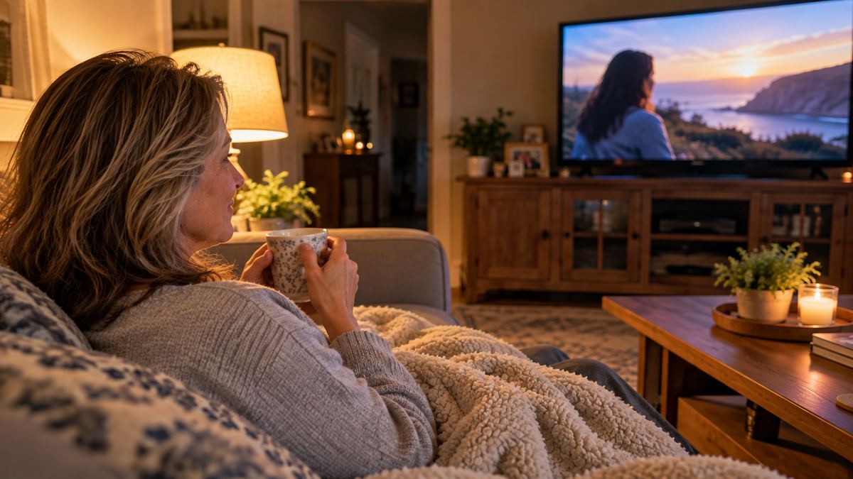 Woman relaxing on the sofa with a cup of tea in the evening