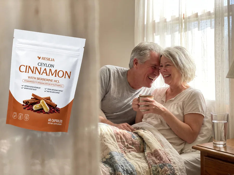 Morning light: Carol and her husband laugh in bed over coffee; the Resilia Ceylon Cinnamon pouch floats beside them