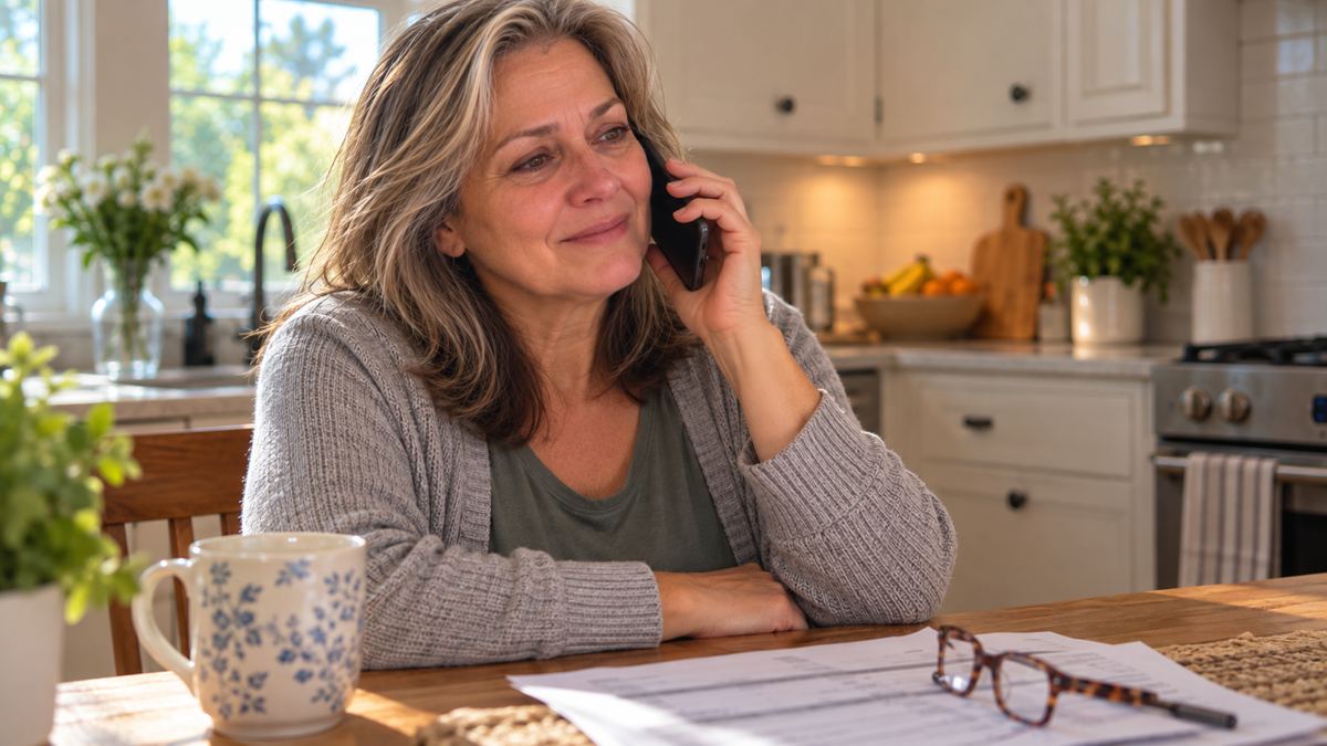 Woman smiling while on the phone at her kitchen table