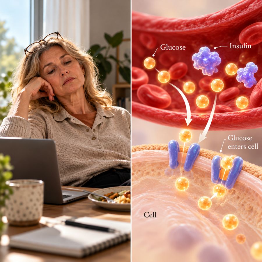 Woman feeling tired after lunch next to an illustration of glucose entering a cell