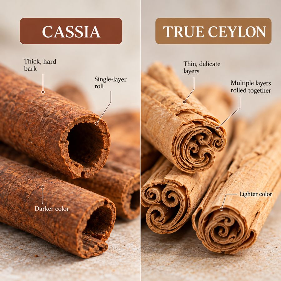 Side-by-side comparison of thick cassia bark and thin, layered true Ceylon cinnamon