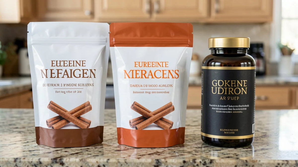 Three generic cinnamon supplements on a counter