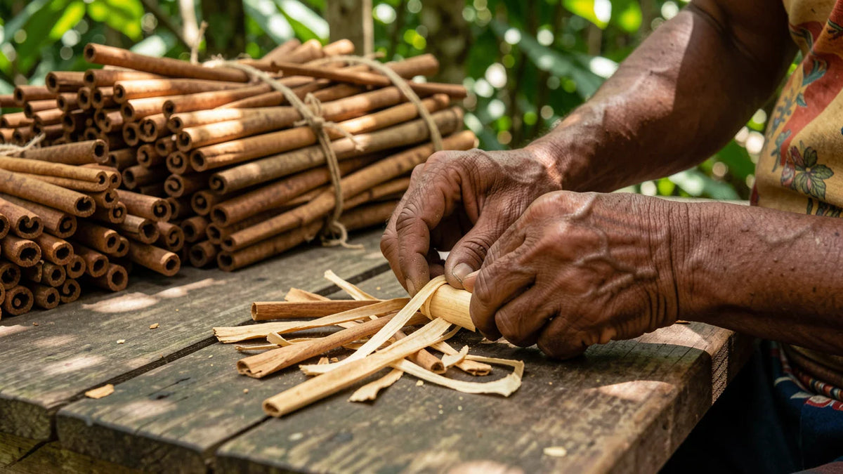 Hands rolling cinnamon quills in Sri Lanka