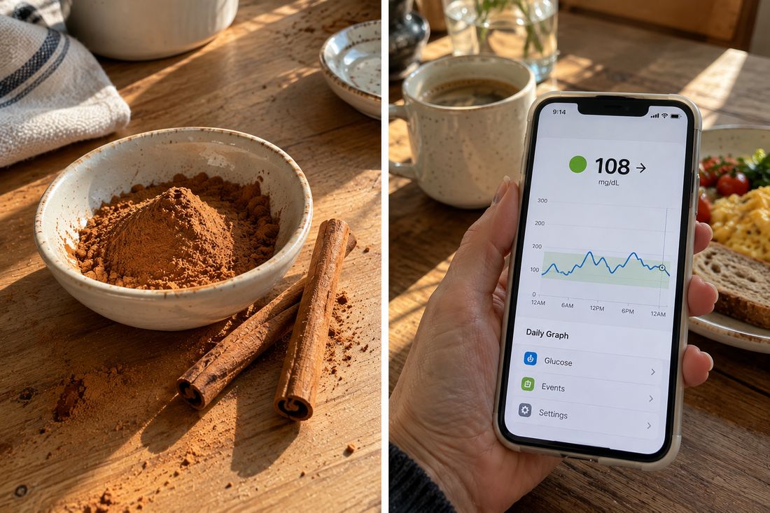 Bowl of cinnamon next to a phone showing a continuous glucose graph