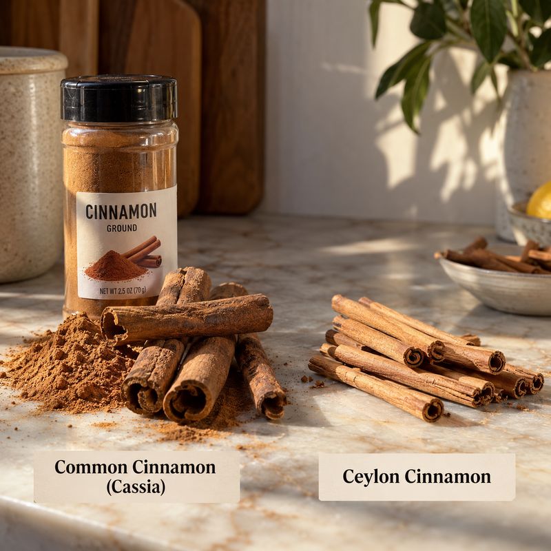 Common Cassia cinnamon next to Ceylon cinnamon sticks