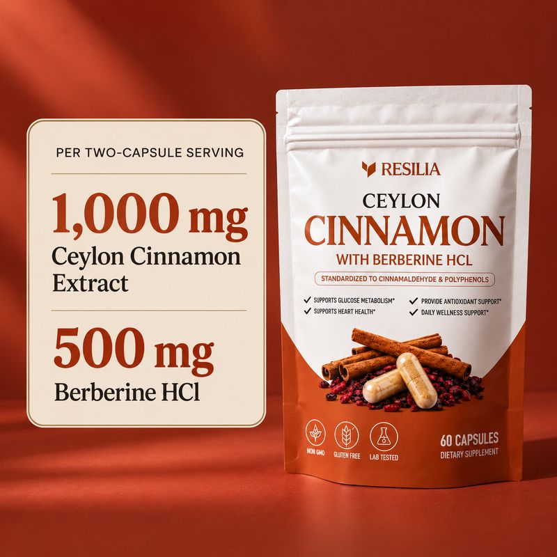 Resilia pouch with 1,000 mg Ceylon Cinnamon Extract and 500 mg Berberine HCl per serving