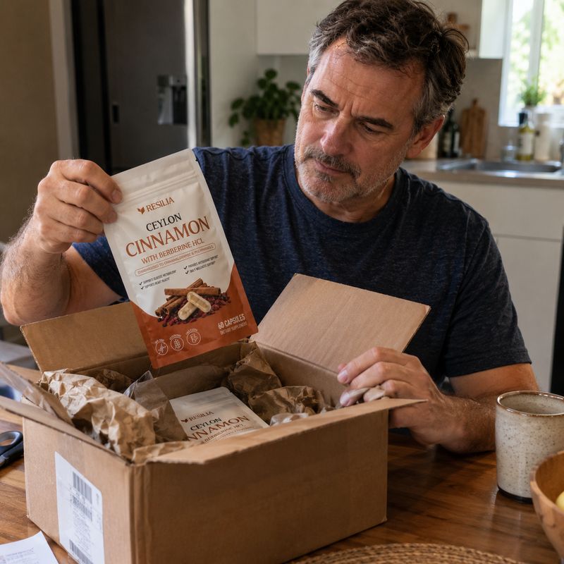 Man unboxing Resilia Ceylon Cinnamon pouches at his kitchen table