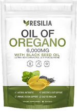 Resilia Oil of Oregano supplement package with lemon and oregano leaf illustration on a white background