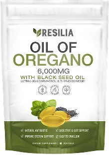 Resilia Oil of Oregano supplement package with lemon and oregano leaf illustration on a white background