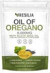 Resilia Oil of Oregano supplement package with lemon and oregano leaf illustration on a white background