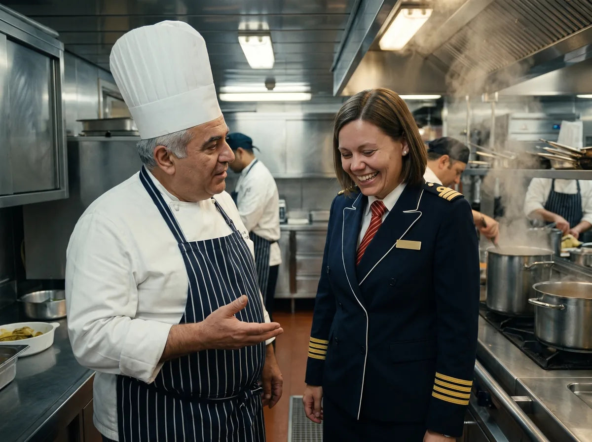 The head chef stopping the attendant in the galley