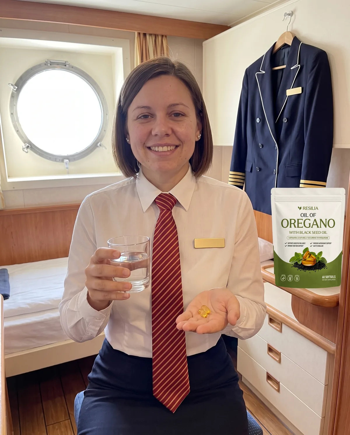 The attendant taking two softgels with water in her cabin before her shift