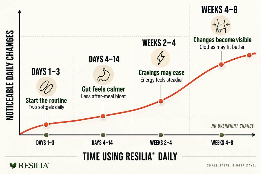Timeline showing changes from day 1 through week 8 of taking Resilia