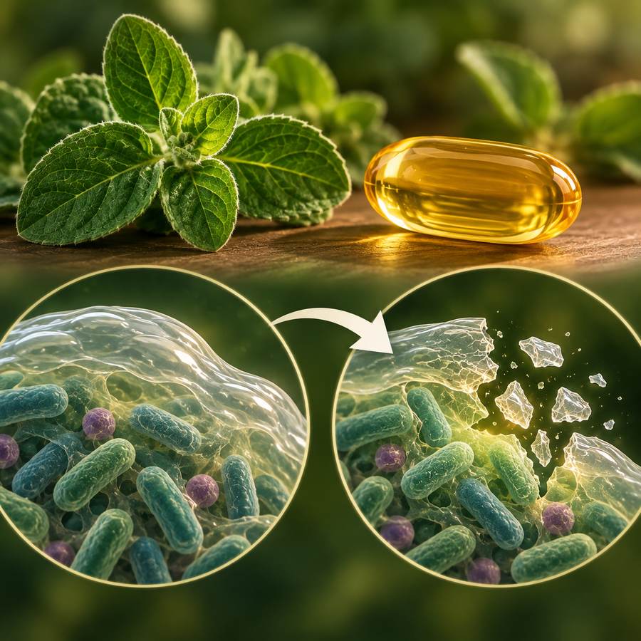 Oregano leaf and oil capsule illustrating biofilm breakdown