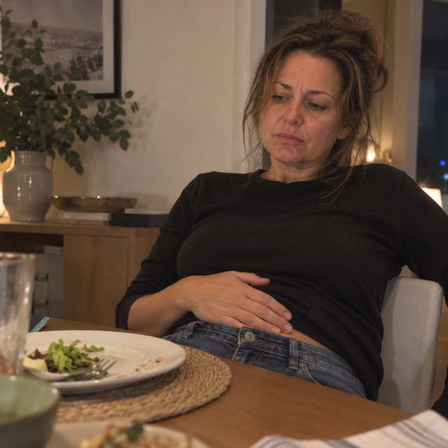 Woman holding her stomach after a normal meal