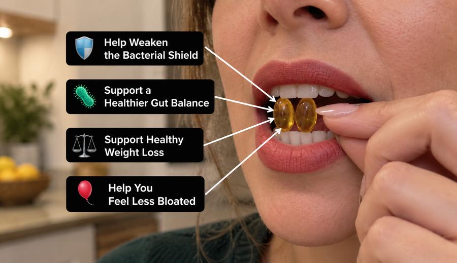 Two Resilia softgels with four supporting benefits: help weaken the bacterial shield, support a healthier gut balance, support healthy weight loss, help you feel less bloated