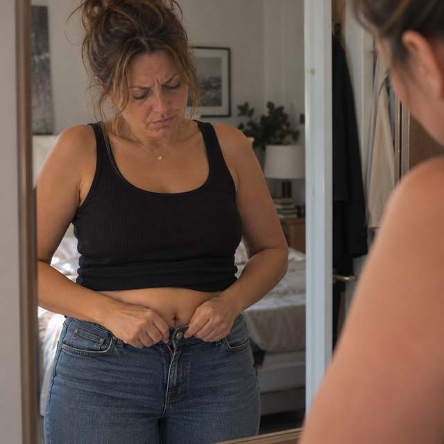 Woman struggling to button her jeans