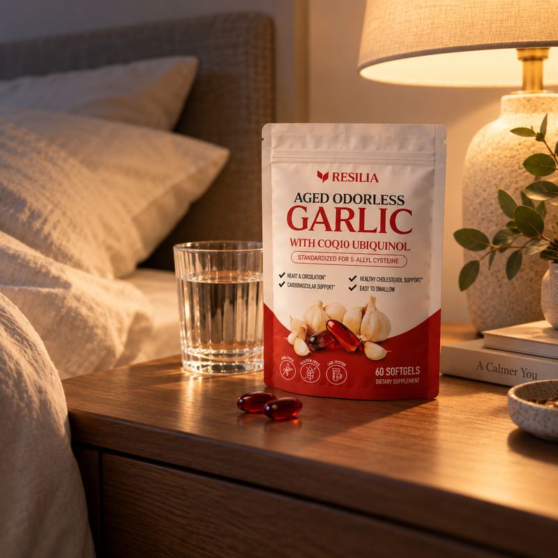 Resilia Aged Odorless Garlic on a nightstand