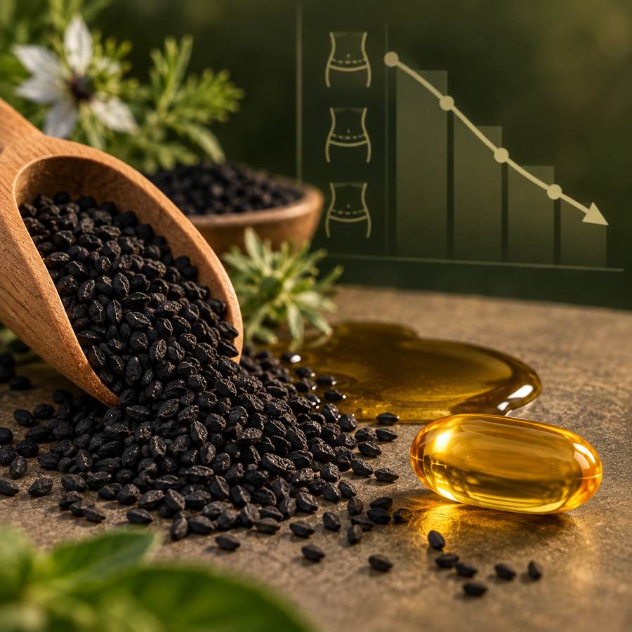 Black seed oil and capsule with a declining chart