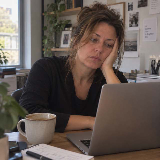 Woman tired at her desk in front of a laptop
