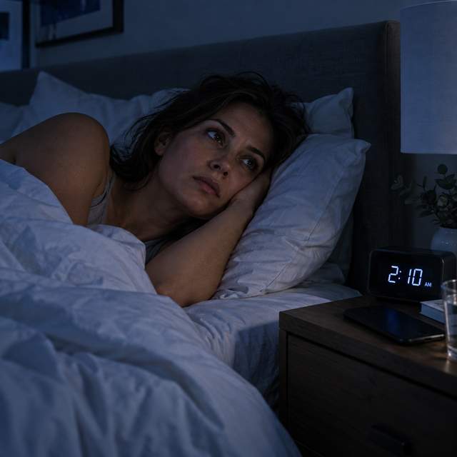 Woman lying awake in bed at 2:10 AM, staring at the ceiling