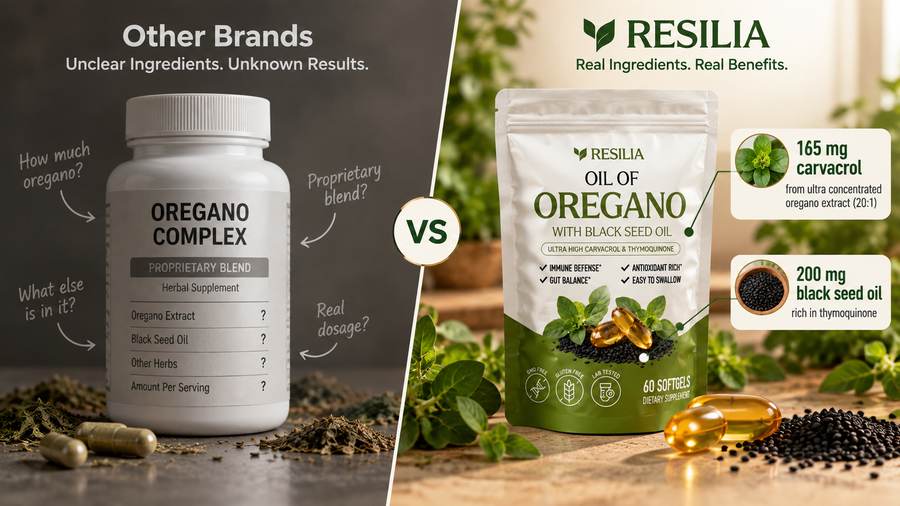 Comparison of a vague oregano complex bottle versus Resilia's clearly labeled oil of oregano pouch