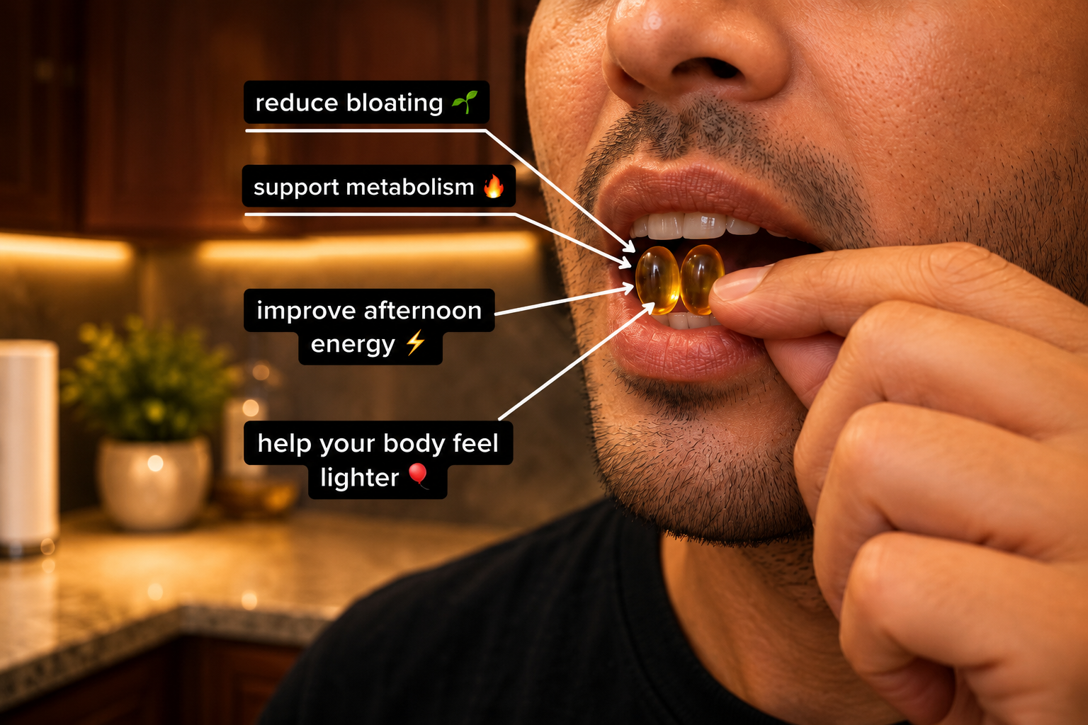 Man taking two Resilia softgels with benefit callouts