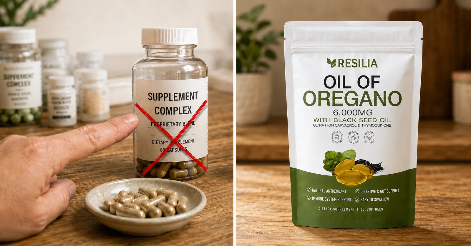 Comparison showing an ordinary proprietary blend supplement on the left and Resilia Oil of Oregano on the right