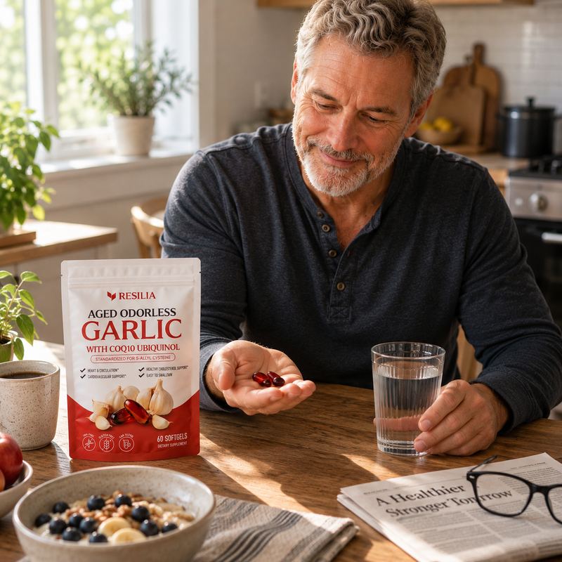 Taking Resilia Aged Odorless Garlic softgels with water and breakfast