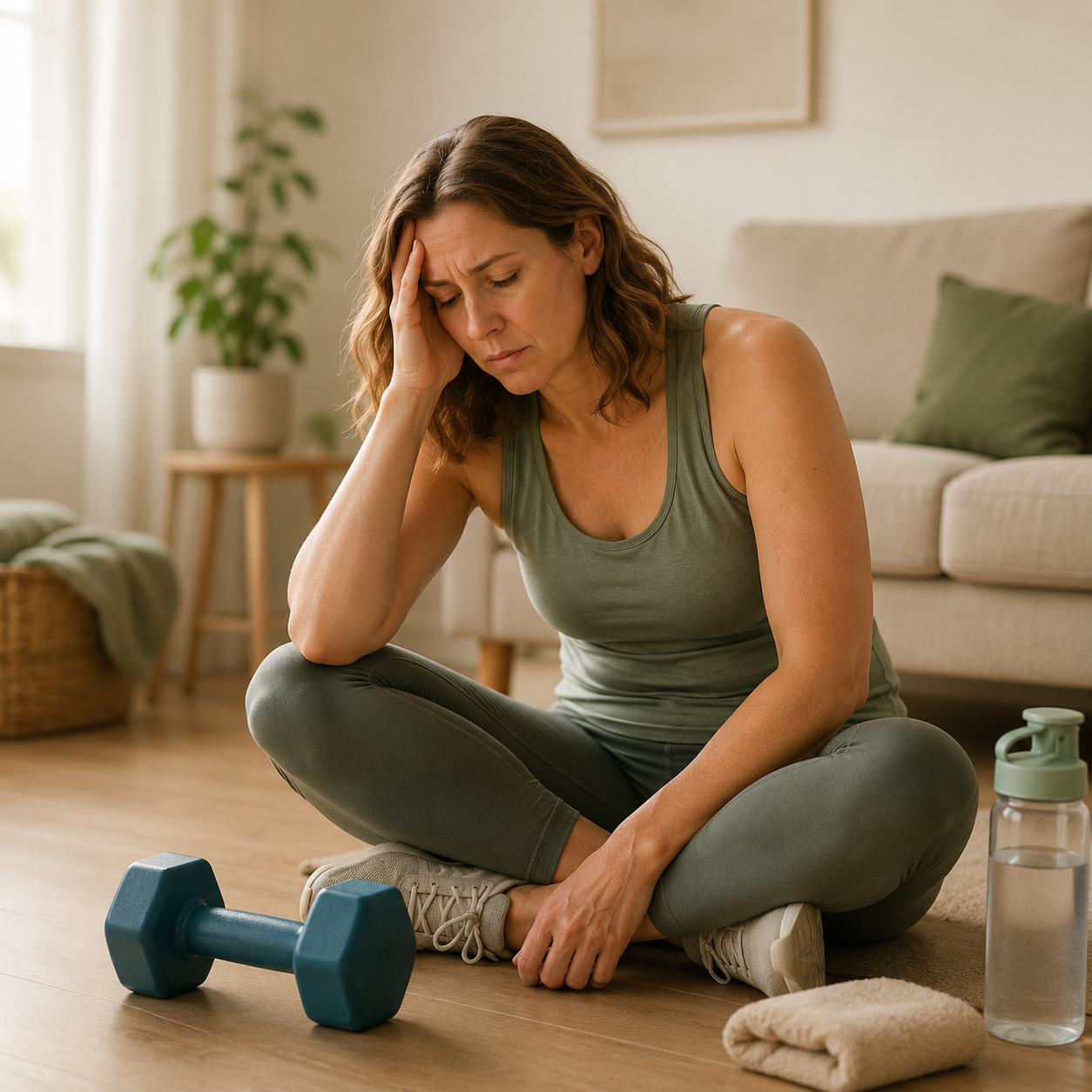 Woman beside dumbbells after an exhausting workout