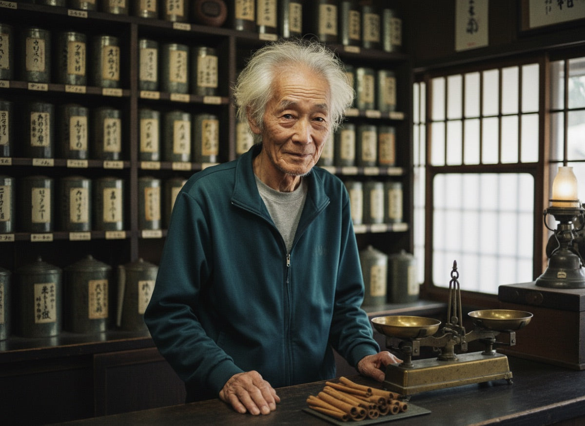 Ono behind the counter of his spice shop
