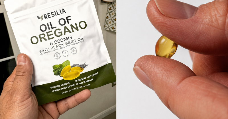 The Resilia Oil of Oregano pouch and two softgels