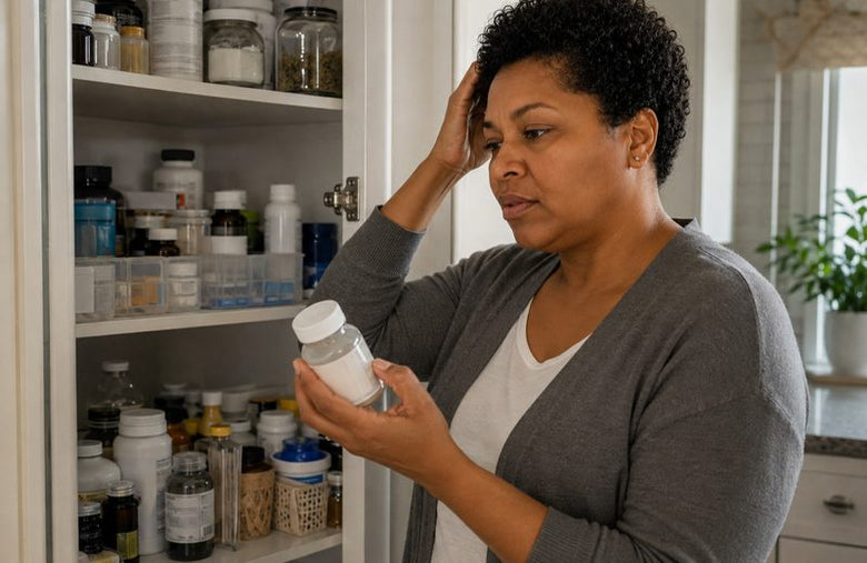 Bathroom shelf crowded with supplement bottles