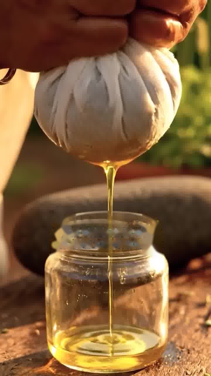 Golden oregano oil being pressed into a glass jar