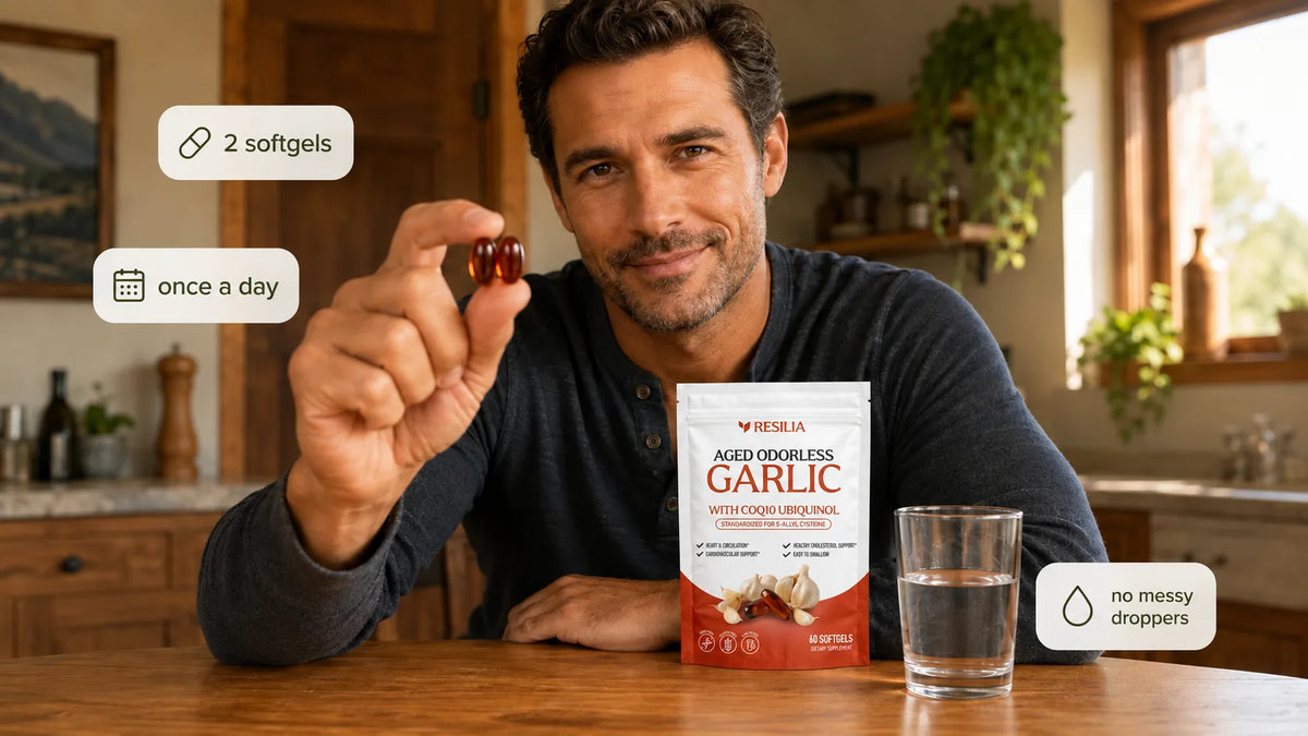 Resilia Aged Odorless Garlic — two softgels once a day