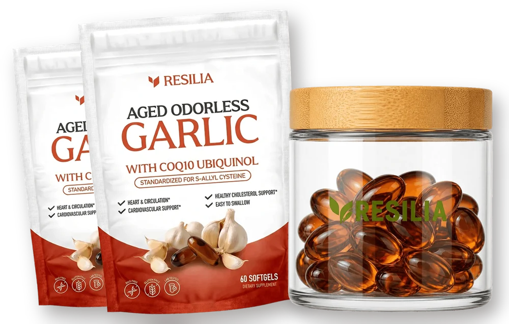2 pouches of Resilia Aged Odorless Garlic and the free bamboo glass jar
