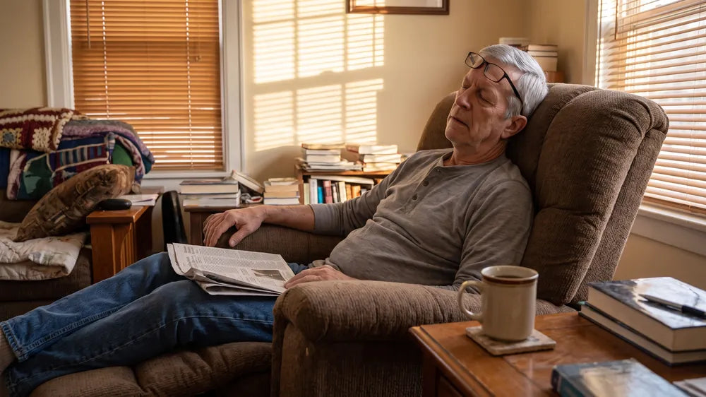 A man in his 60s asleep in a recliner in the afternoon with a newspaper on his lap