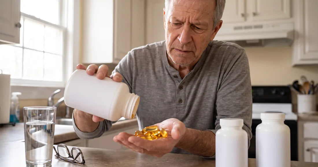 A man in his 60s frowning at a handful of yellow fish oil softgels in his kitchen