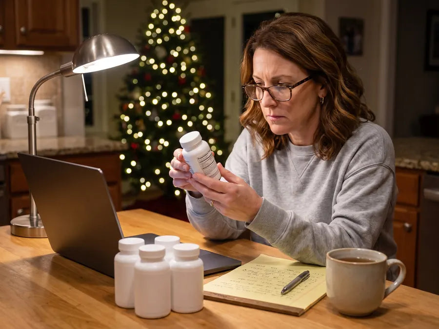 Jen at her kitchen table at night reading the back of a supplement bottle, with a laptop, notes and other plain bottles