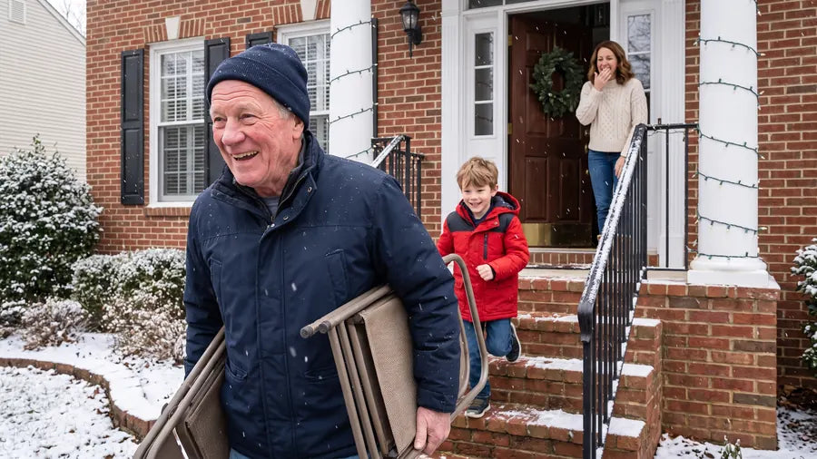 Frank laughing on the snowy front steps carrying folding chairs while Eli runs up behind him and Jen laughs in the doorway
