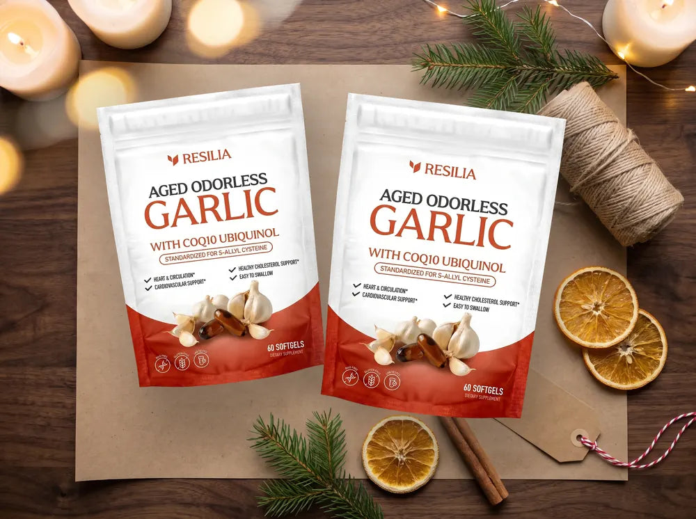 Two Resilia Aged Odorless Garlic pouches on brown kraft gift wrap with pine sprigs and dried orange slices