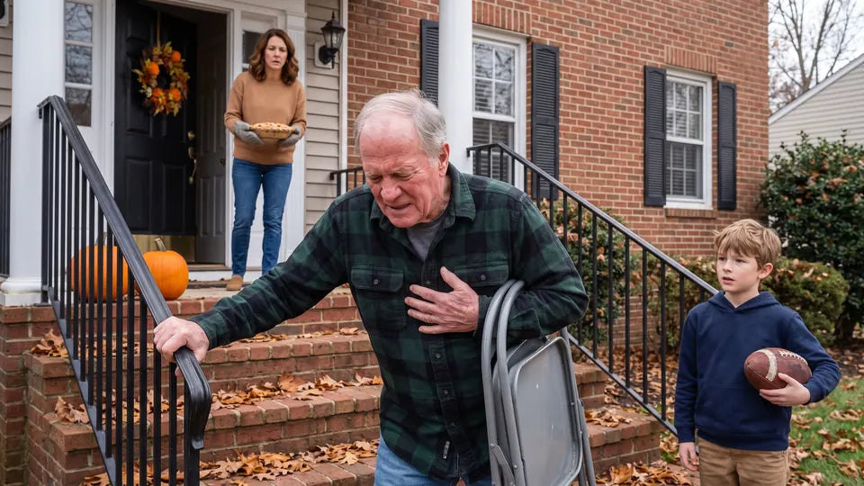 Frank stopped on the fourth porch step with folding chairs, one hand on his chest, while his daughter watches from the doorway and his grandson watches from the lawn